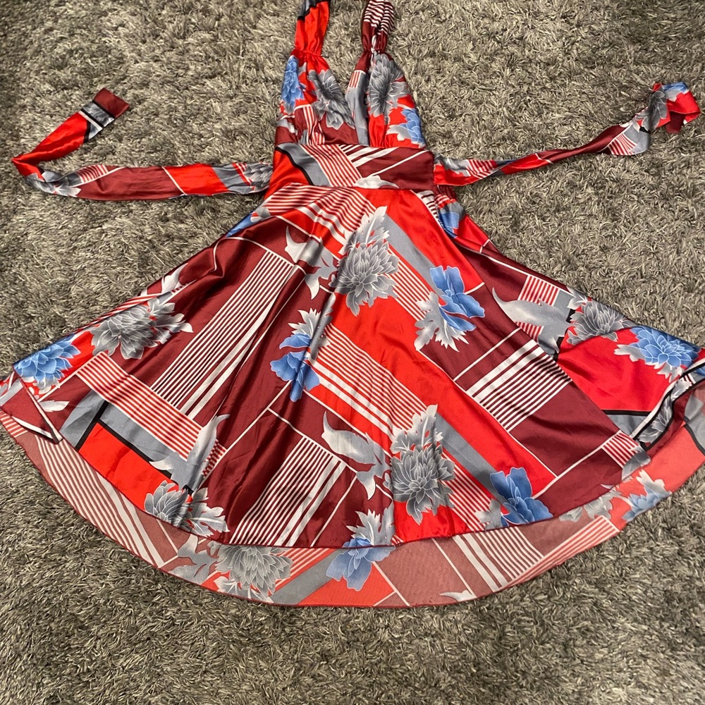 Floral Striped Red and Blue Dress